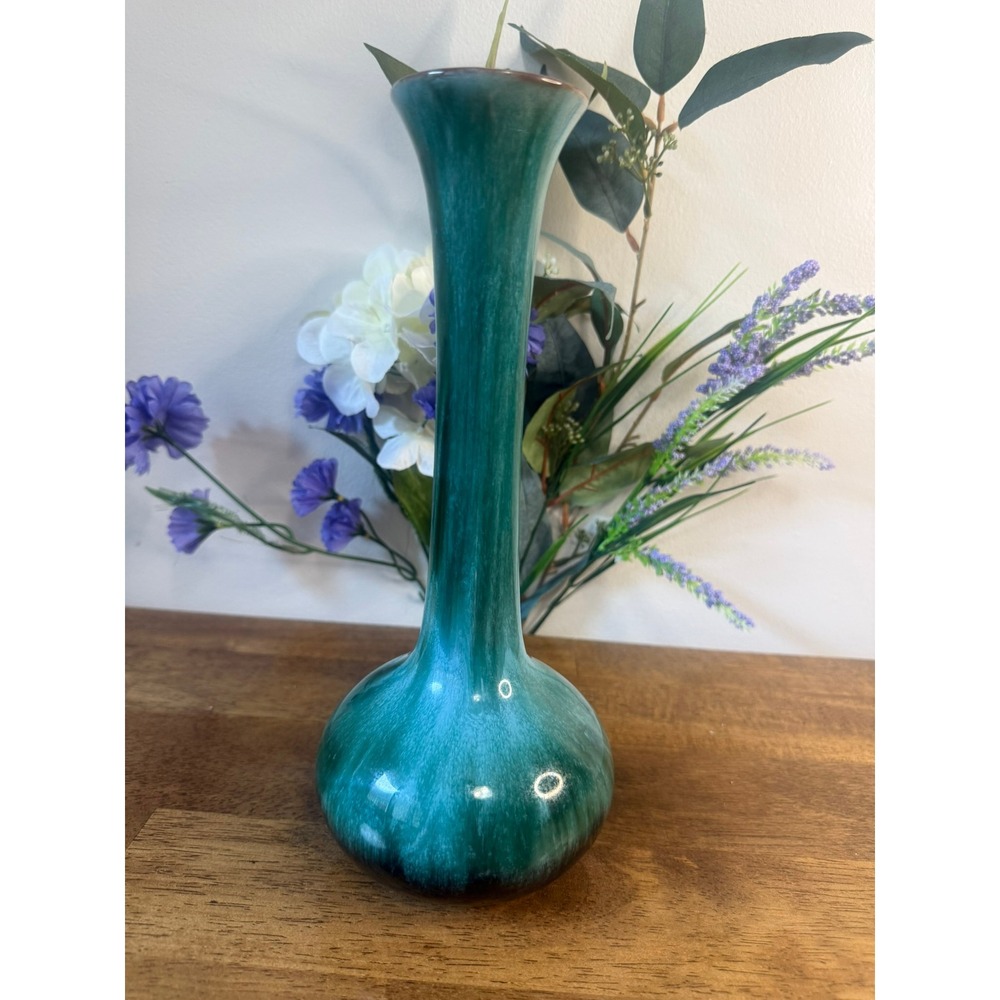 Blue Mountain Pottery Bud Vase Green Drip Glaze Tall Trumpet Vase Canada BMP